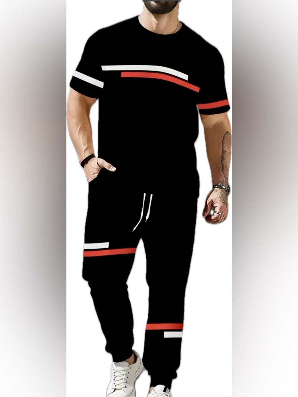 Men's Black Athletic Drawstring Shorts with Red & White Accents - Picture 4 of 9